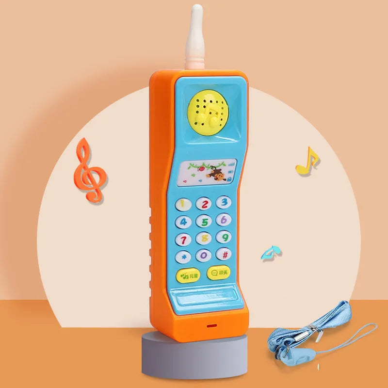 Pink electronic simulation mobile phone toy for babies on a white background.