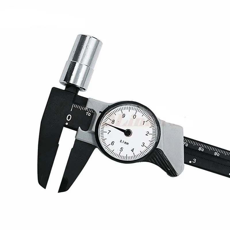Black and white plastic vernier caliper showing 0-150mm measurement scale.
