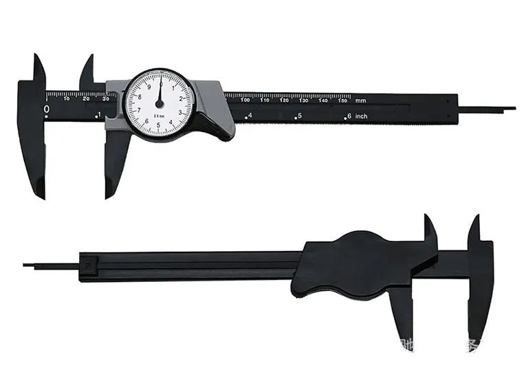 Black and white plastic vernier caliper showing 0-150mm measurement scale.