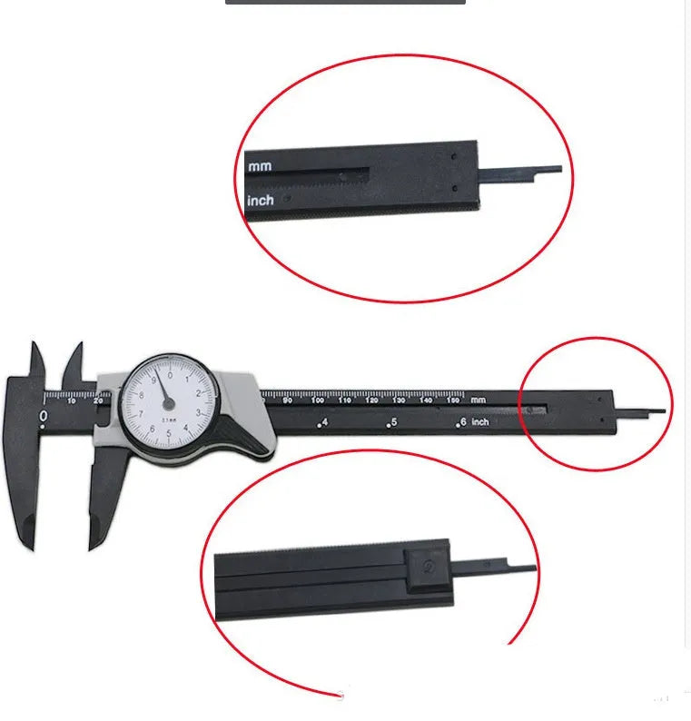 Black and white plastic vernier caliper showing 0-150mm measurement scale.
