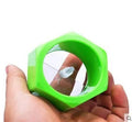 Yellow and green plastic spiral vegetable cutter for slicing cucumbers, showing 8cm diameter.