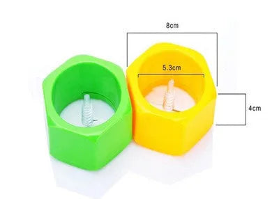 Yellow and green plastic spiral vegetable cutter for slicing cucumbers, showing 8cm diameter.