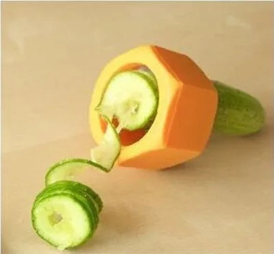 Yellow and green plastic spiral vegetable cutter for slicing cucumbers, showing 8cm diameter.