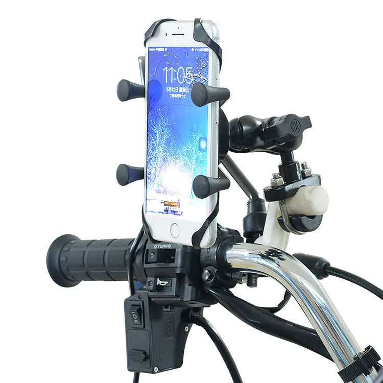 Black aluminium alloy motorcycle phone bracket mounted on handlebar with adjustable angle mechanism