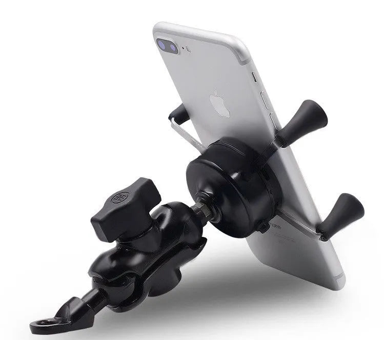 Black aluminium alloy motorcycle phone bracket mounted on handlebar with adjustable angle mechanism