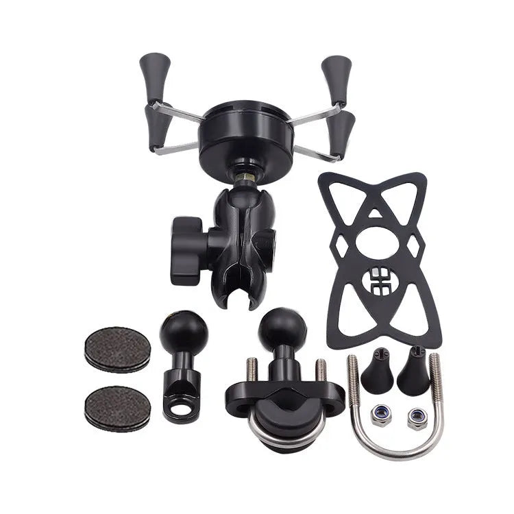 Black aluminium alloy motorcycle phone bracket mounted on handlebar with adjustable angle mechanism