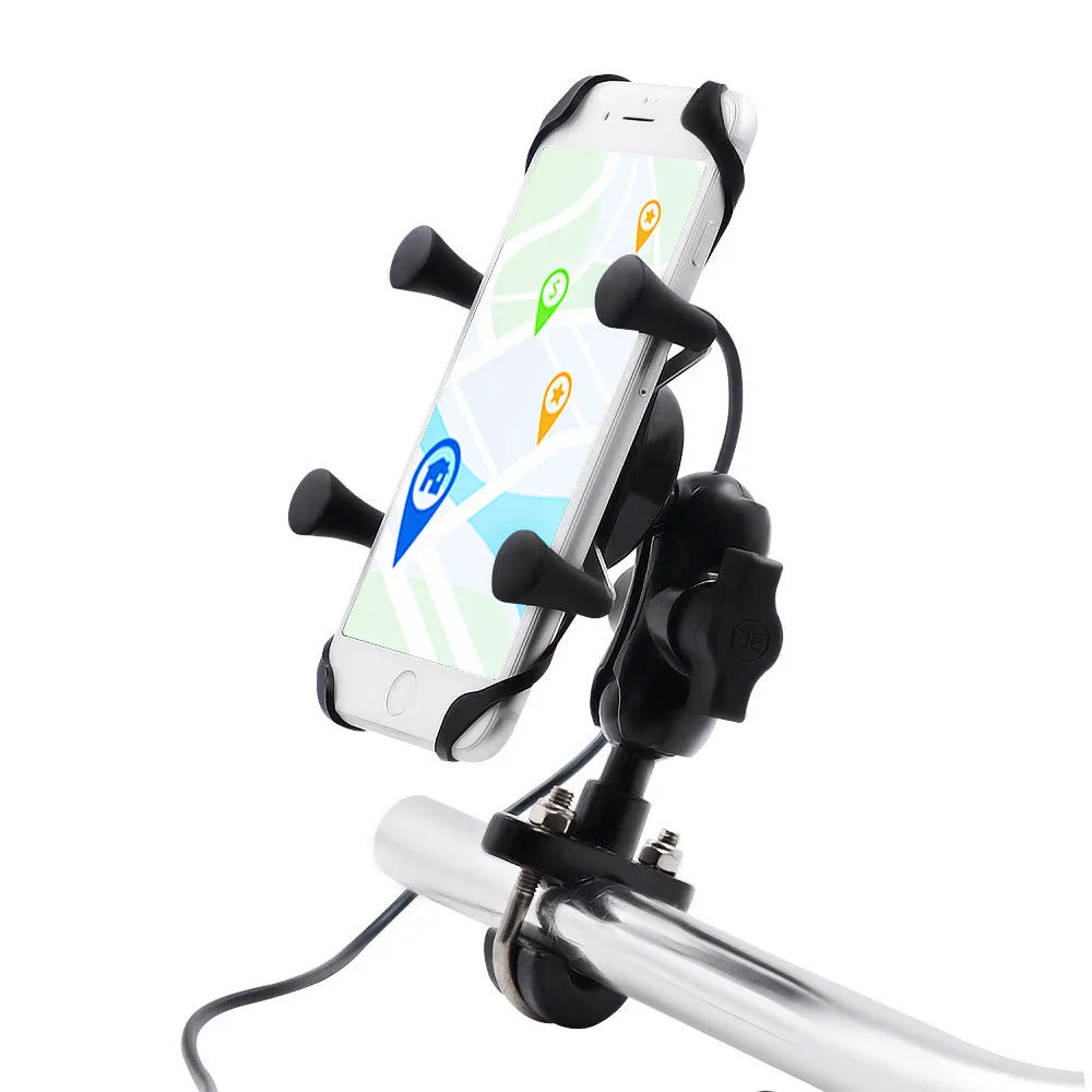 Black aluminium alloy motorcycle phone bracket mounted on handlebar with adjustable angle mechanism