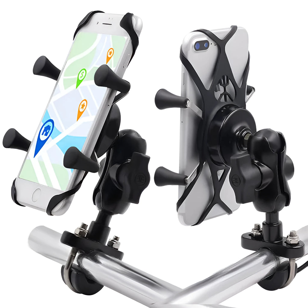Black aluminium alloy motorcycle phone bracket mounted on handlebar with adjustable angle mechanism
