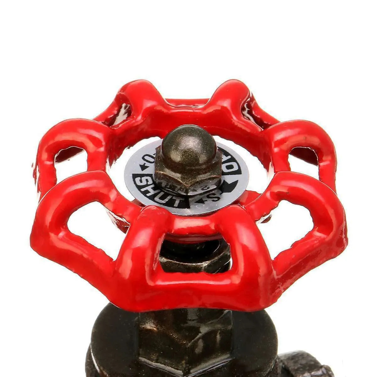 3/4 red steampunk industrial valve with grey copper finish and wire detailing.