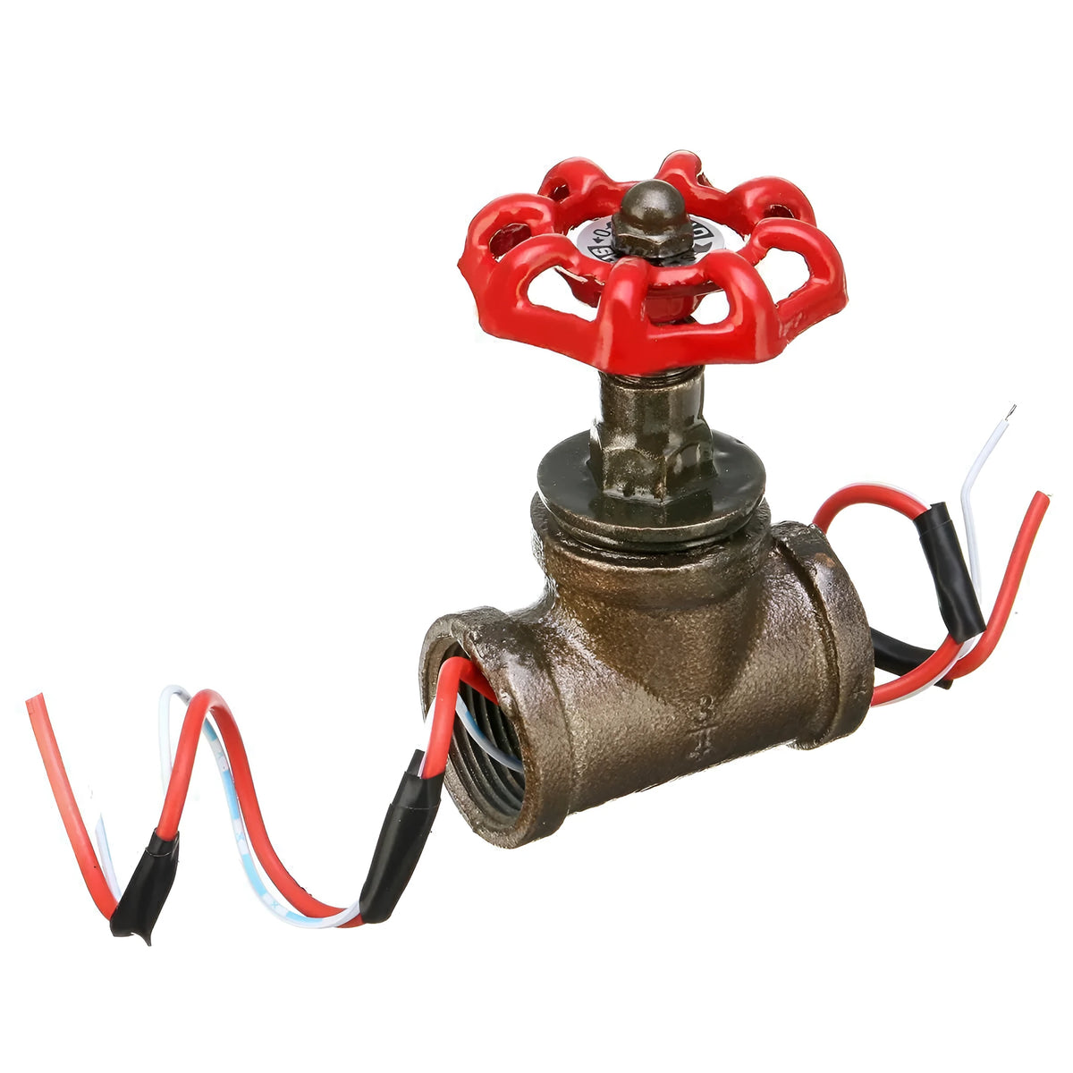 3/4 red steampunk industrial valve with grey copper finish and wire detailing.