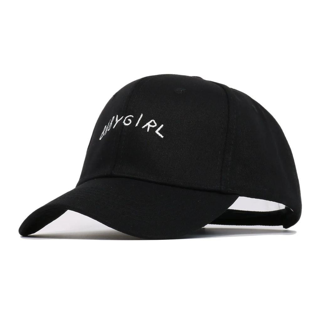 Cotton twill baseball cap with BABYGIRL letter embroidery and stripe pattern in black or white.