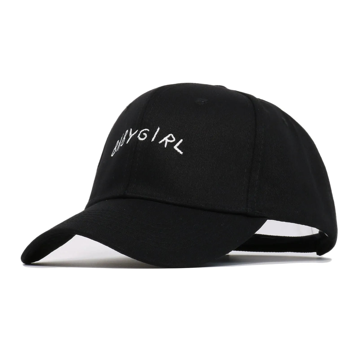 Cotton twill baseball cap with BABYGIRL letter embroidery and stripe pattern in black or white.