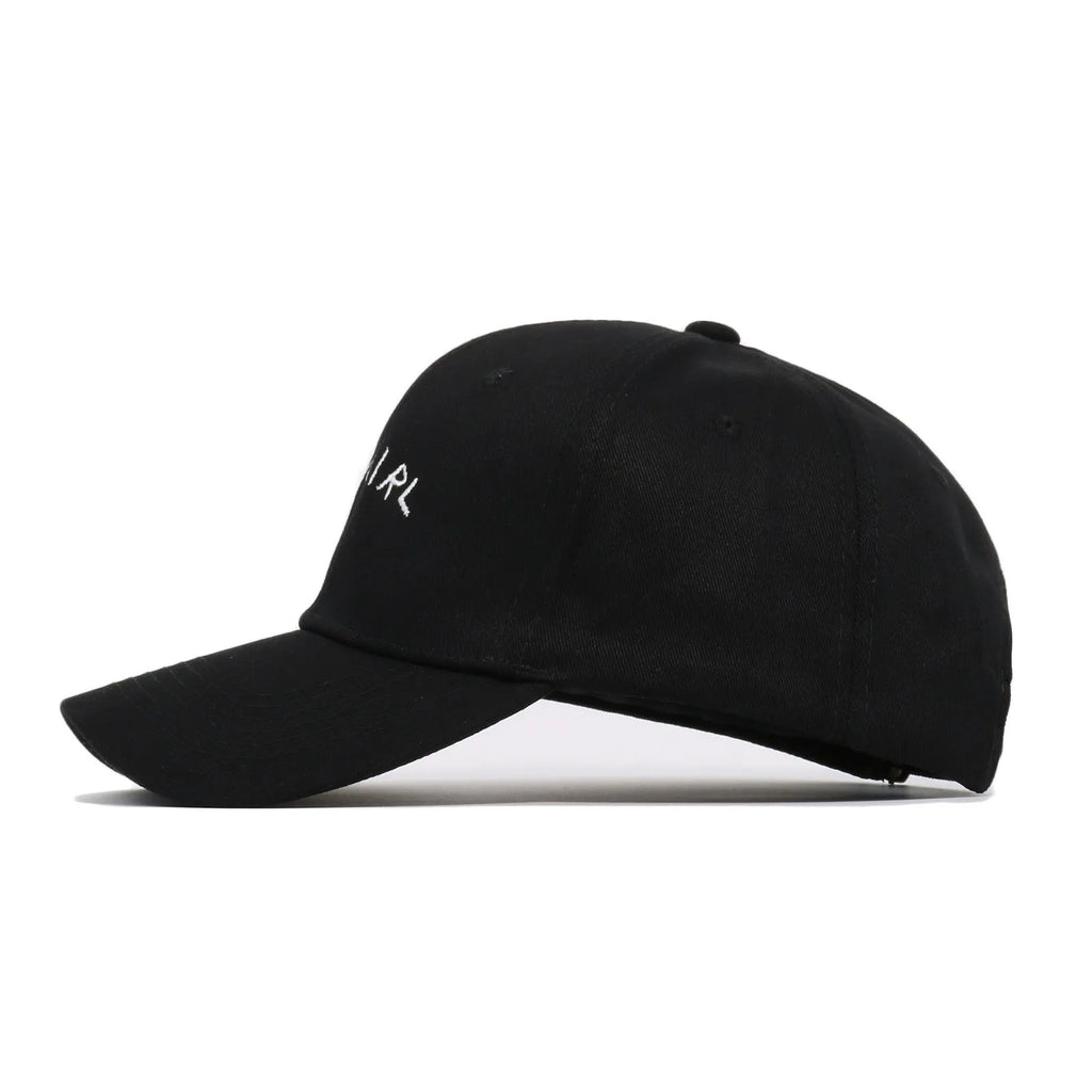 Cotton twill baseball cap with BABYGIRL letter embroidery and stripe pattern in black or white.