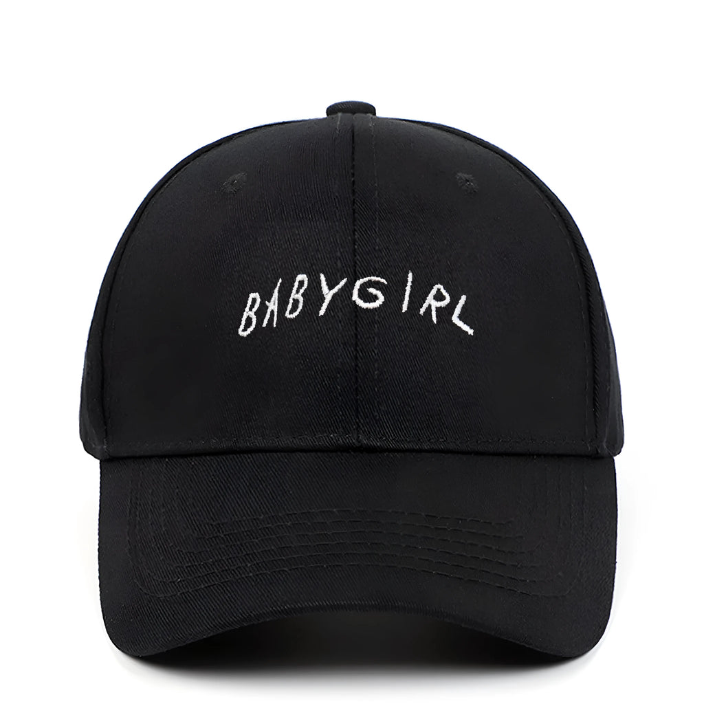 Cotton twill baseball cap with BABYGIRL letter embroidery and stripe pattern in black or white.