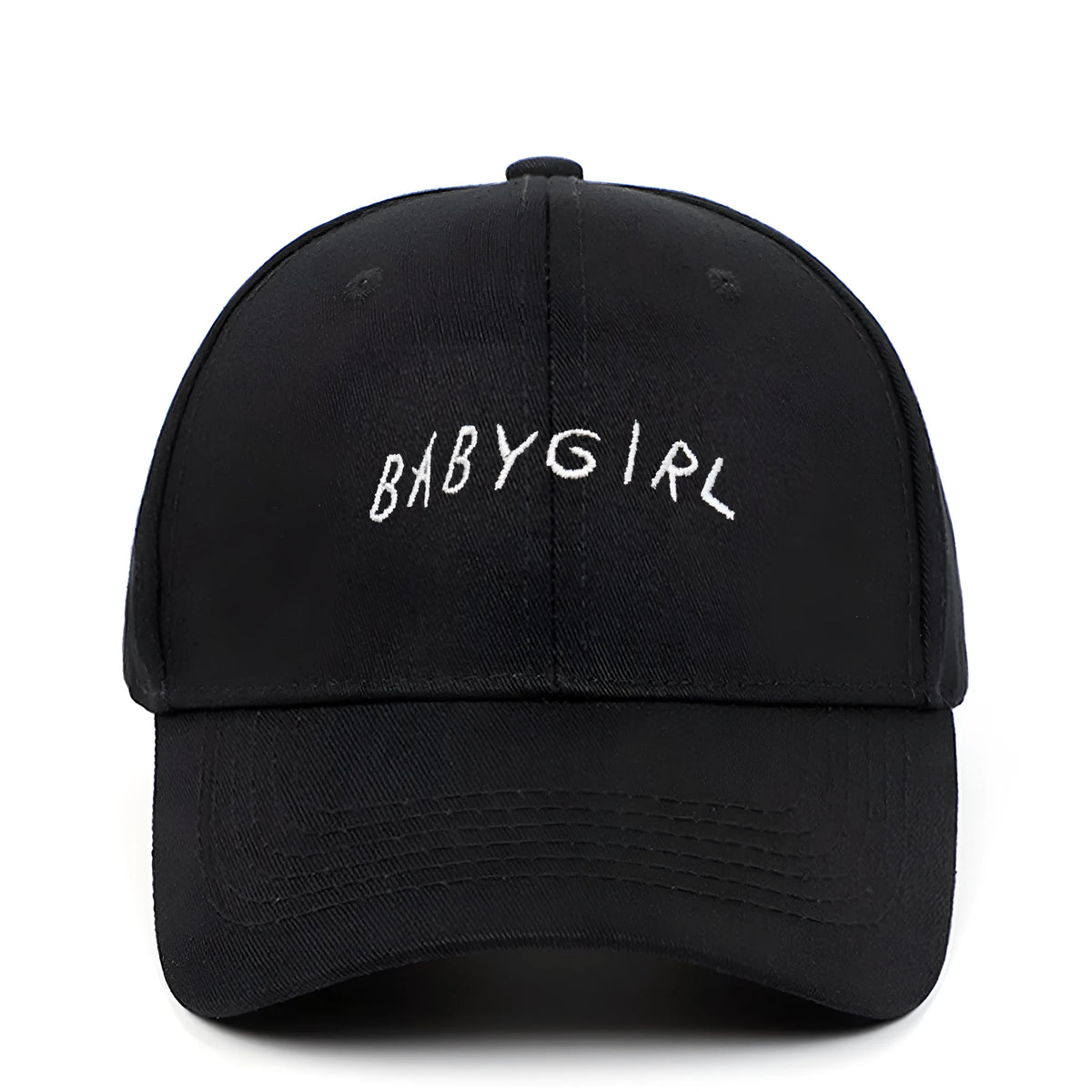 Cotton twill baseball cap with BABYGIRL letter embroidery and stripe pattern in black or white.