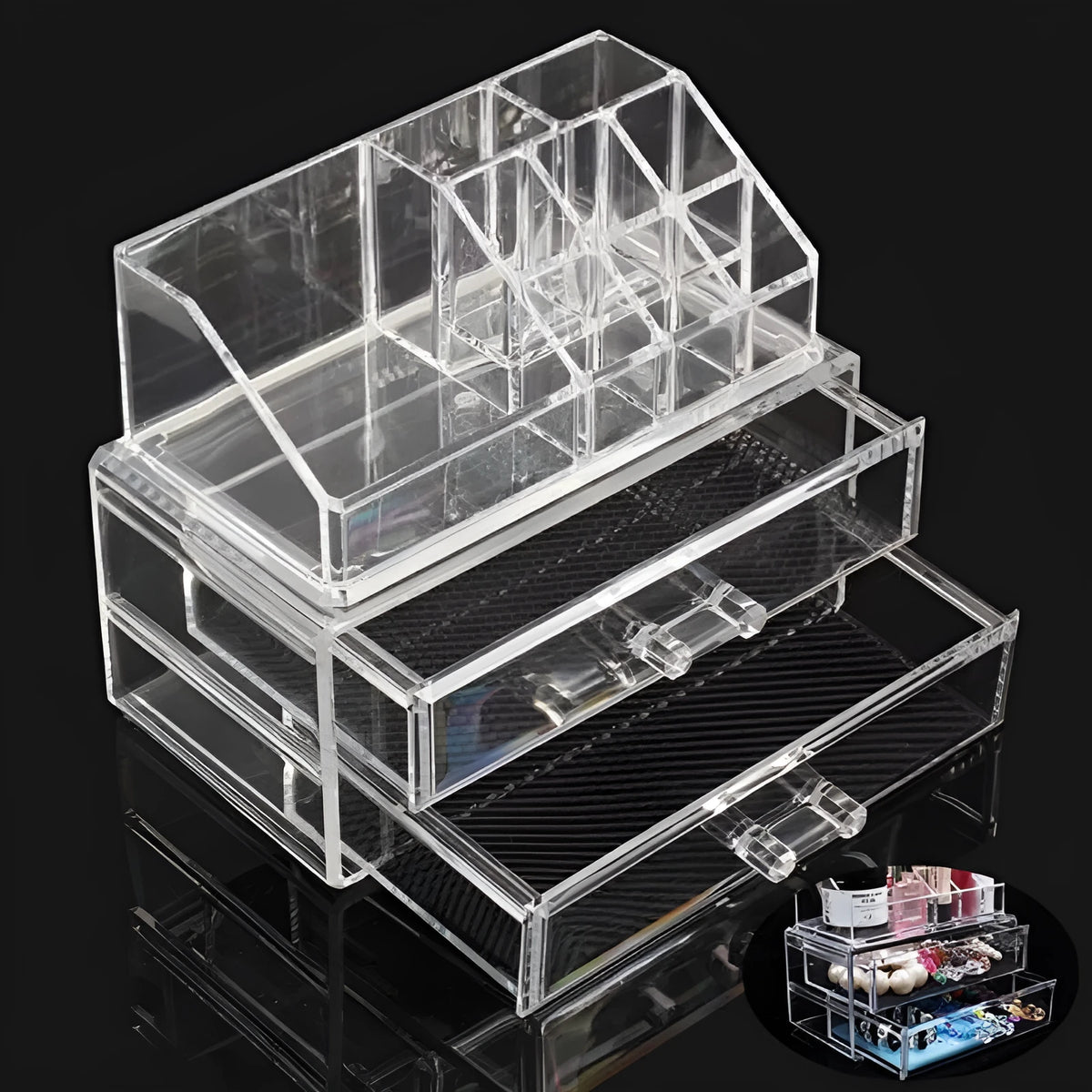 Transparent acrylic storage container with foldable design for cosmetic organisation