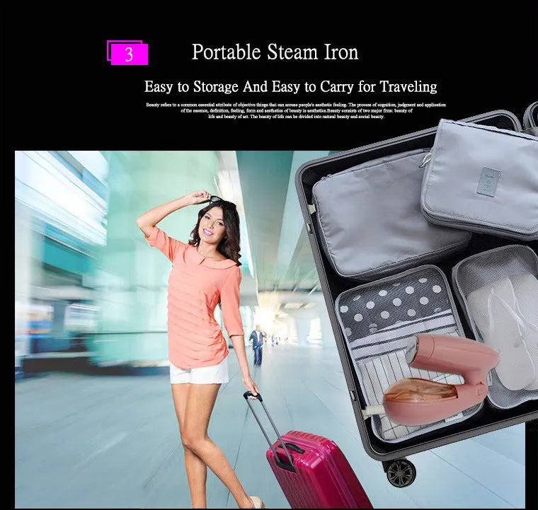 Pink Sokany handheld steam ironing brush for clothes on a hanger.