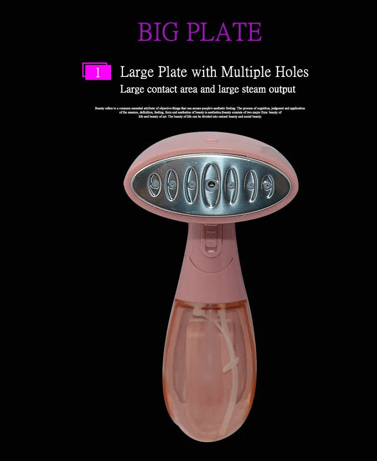 Pink Sokany handheld steam ironing brush for clothes on a hanger.