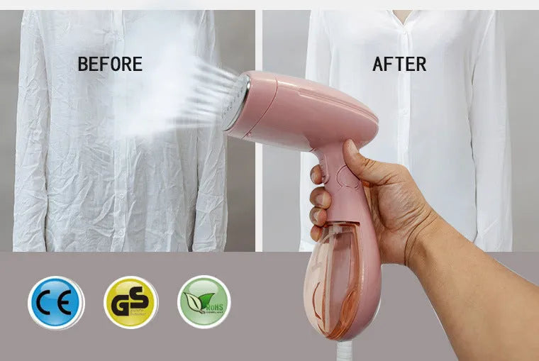 Pink Sokany handheld steam ironing brush for clothes on a hanger.