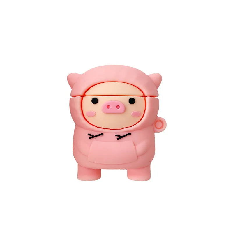 Pink silicone AirPods case cover with cartoon pig design and attachment hook