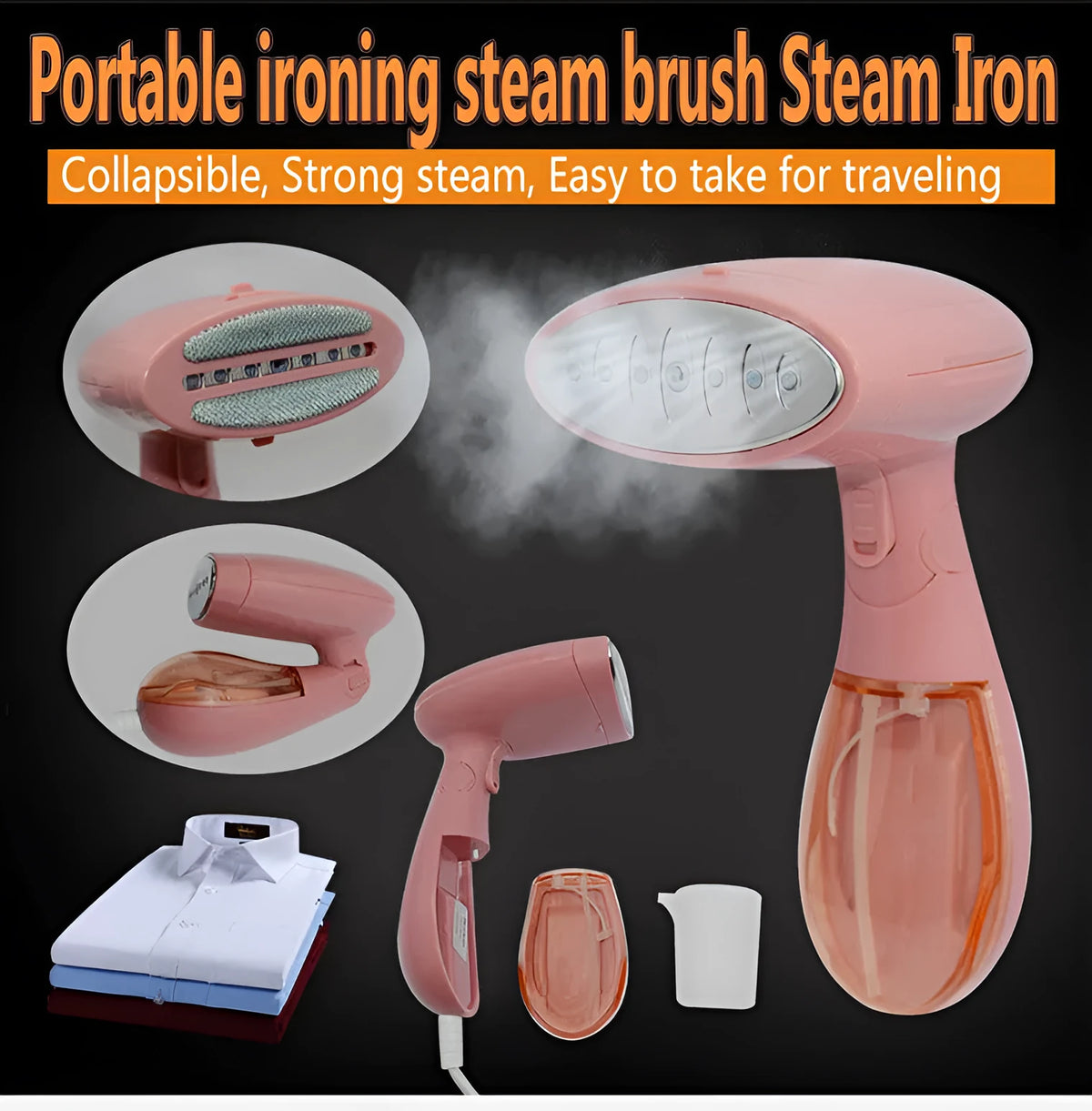 Pink Sokany handheld steam ironing brush for clothes on a hanger.