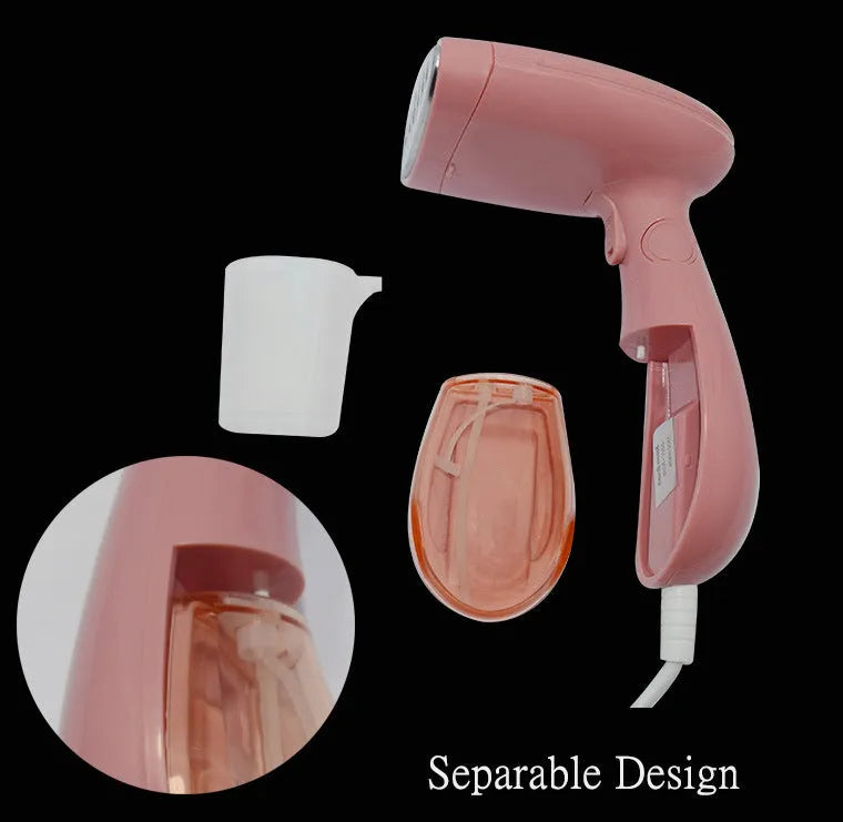 Pink Sokany handheld steam ironing brush for clothes on a hanger.