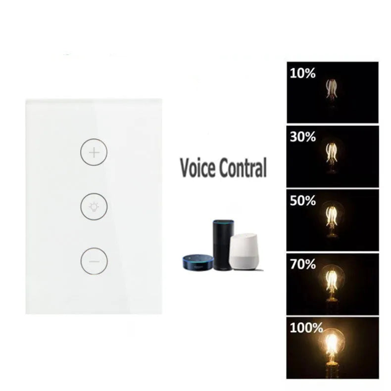 120 type smart dimmer switch with tempered glass panel in black or white, compatible with Alexa and app control