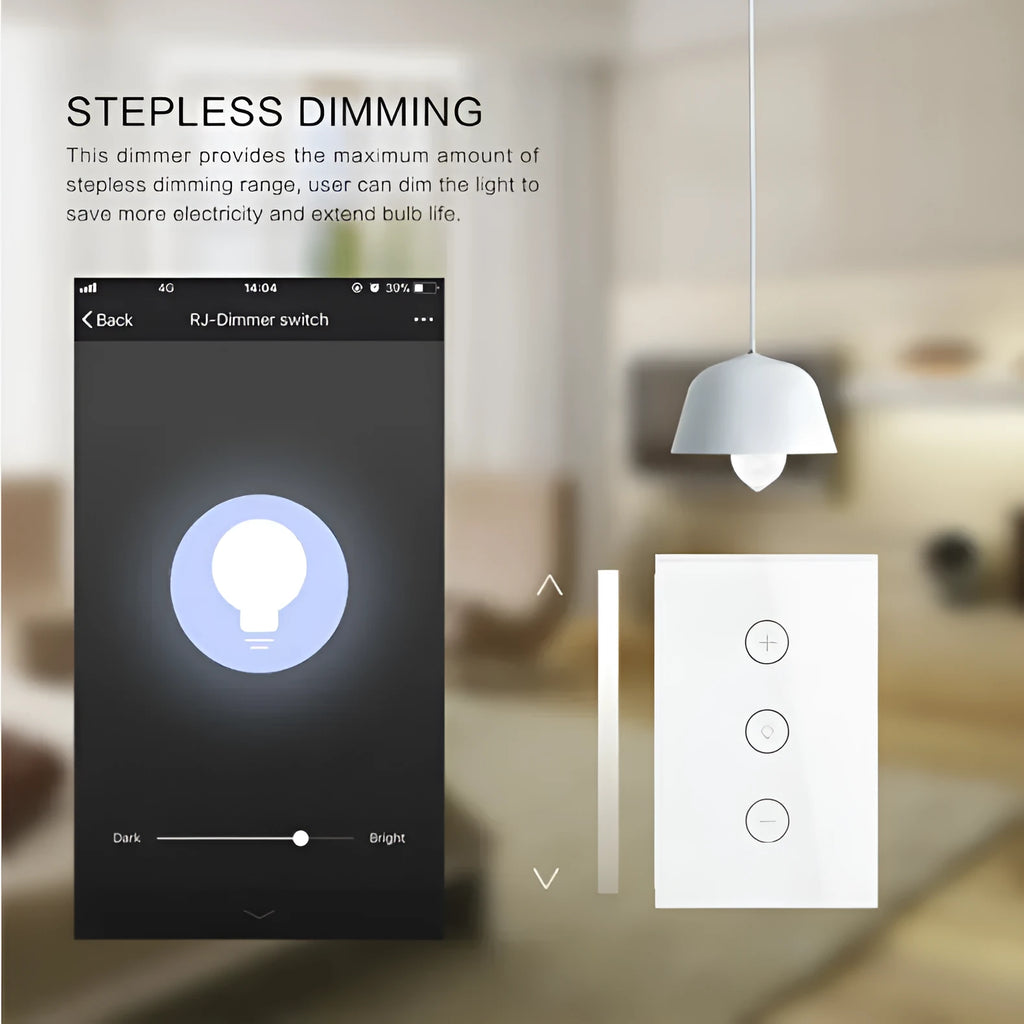 120 type smart dimmer switch with tempered glass panel in black or white, compatible with Alexa and app control
