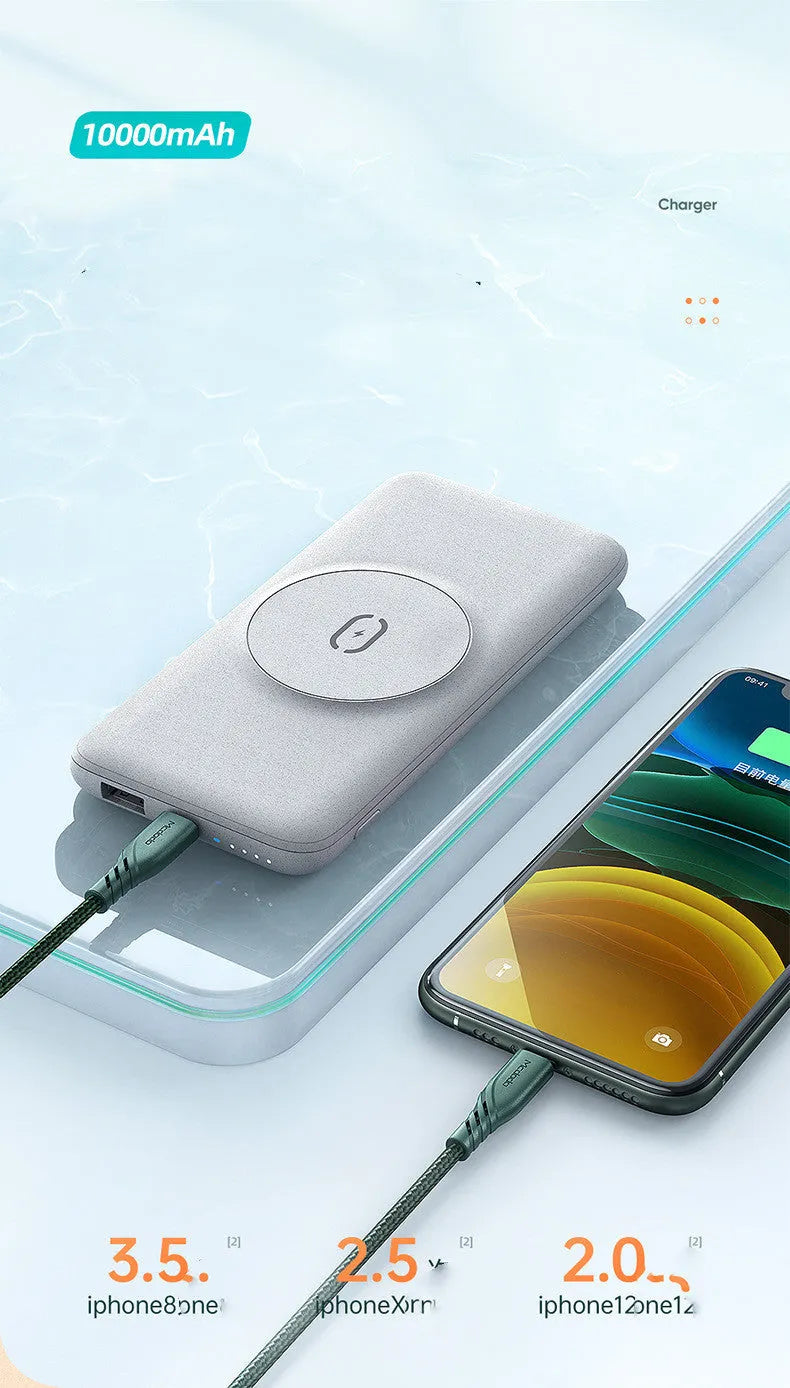 Mint green magnetic wireless charging power bank with back clip showing dimensions and MagSafe compatibility