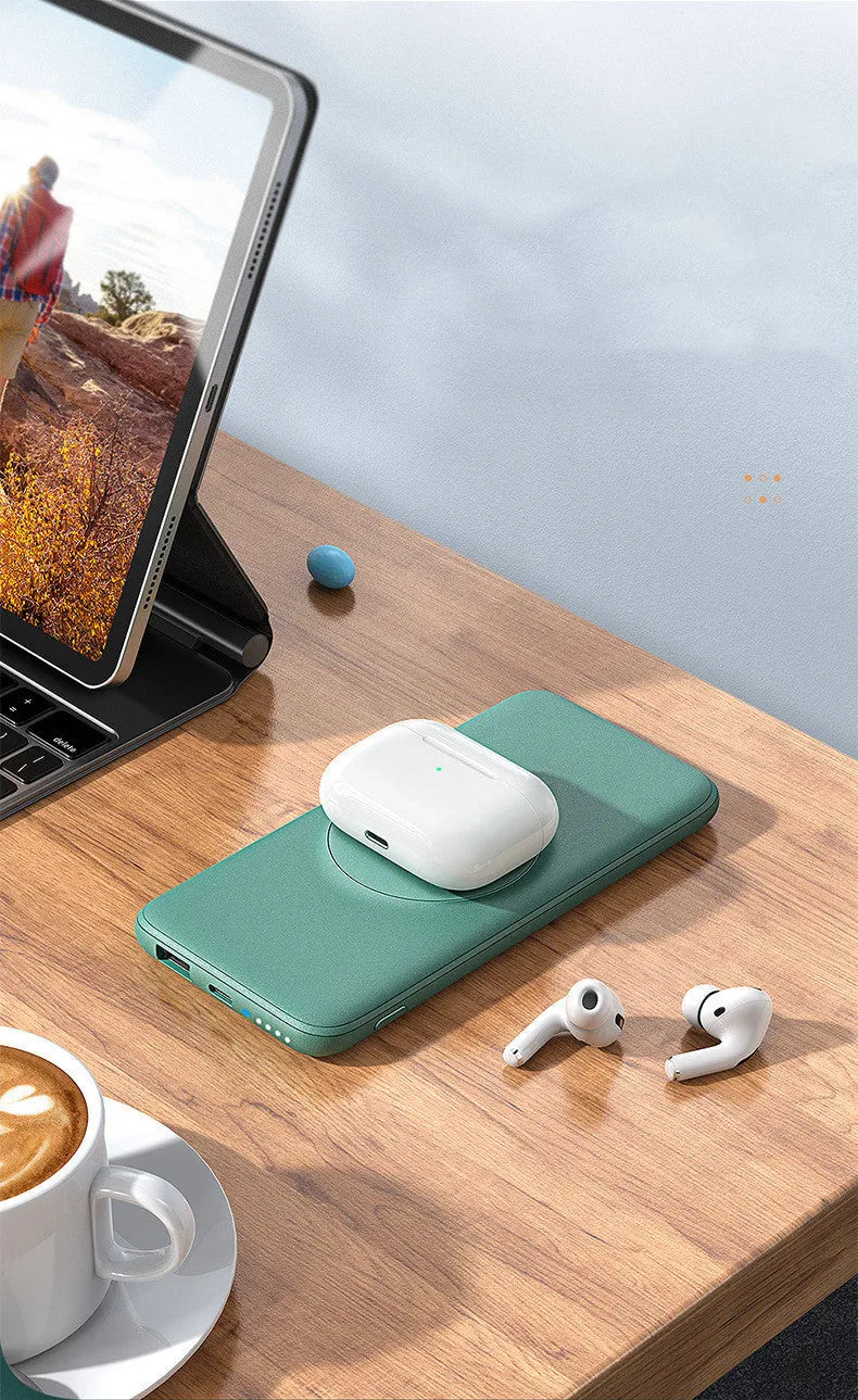 Mint green magnetic wireless charging power bank with back clip showing dimensions and MagSafe compatibility
