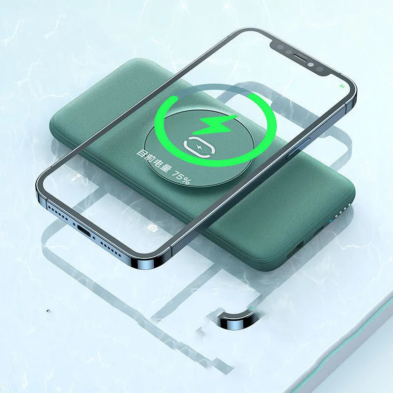 Mint green magnetic wireless charging power bank with back clip showing dimensions and MagSafe compatibility