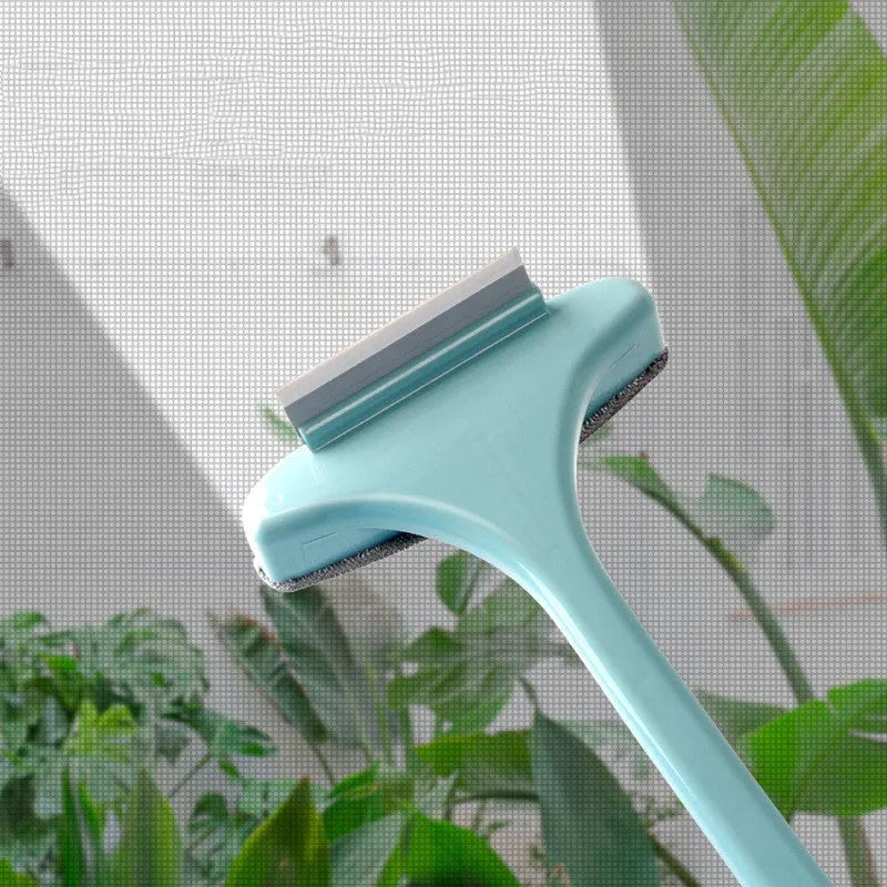 Blue detachable cleaning brush and crevice tool for washing window screens and glass.
