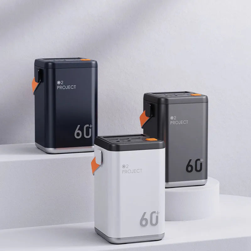 60000mah outdoor power bank in aluminium shell with plastic casing, available in grey, pink, blue, or white colours