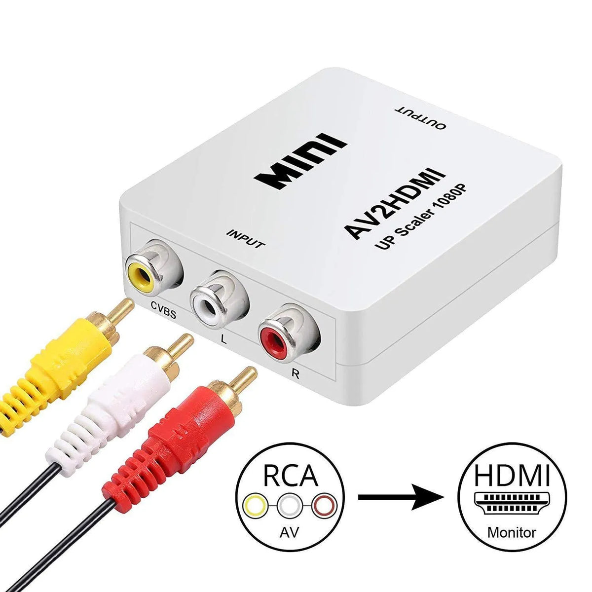 AV to HDMI converter with 0.5 metre cable in white or black colour converting analogue to digital video