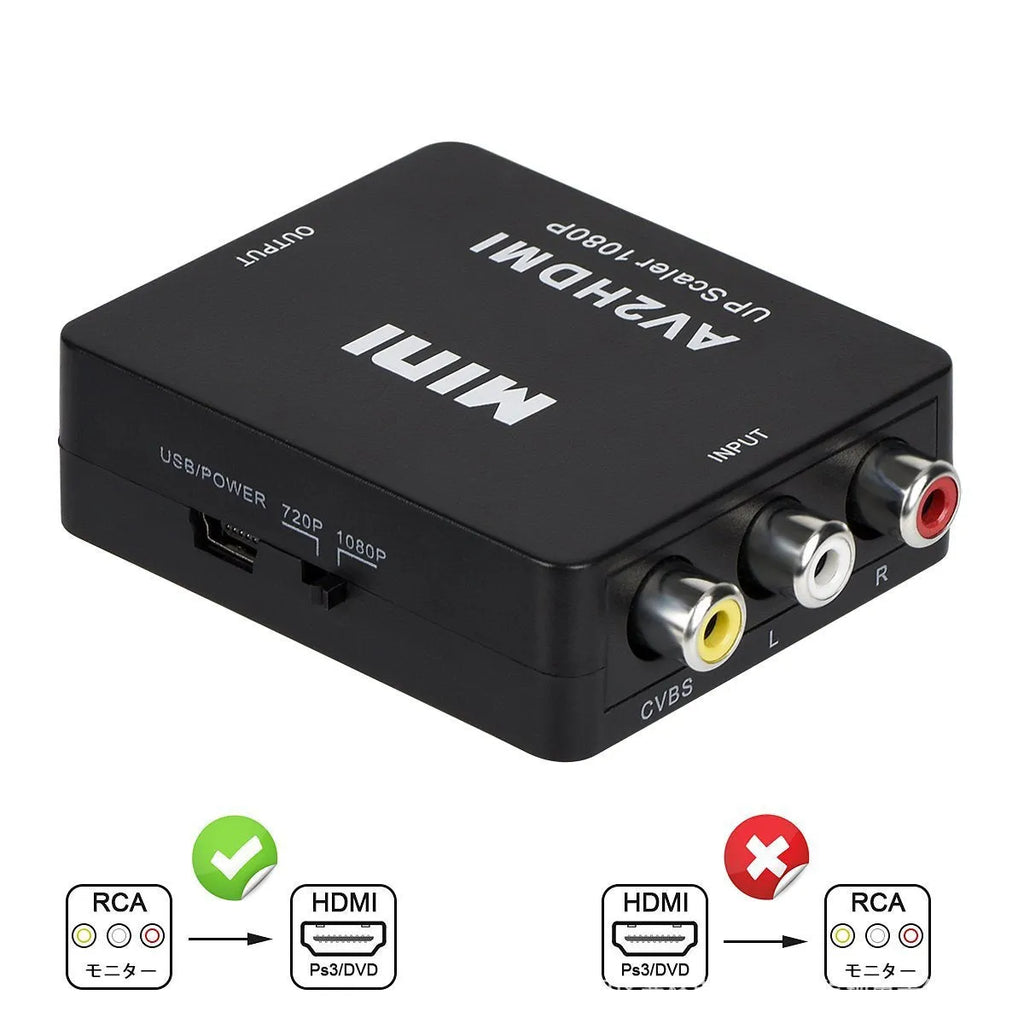 AV to HDMI converter with 0.5 metre cable in white or black colour converting analogue to digital video