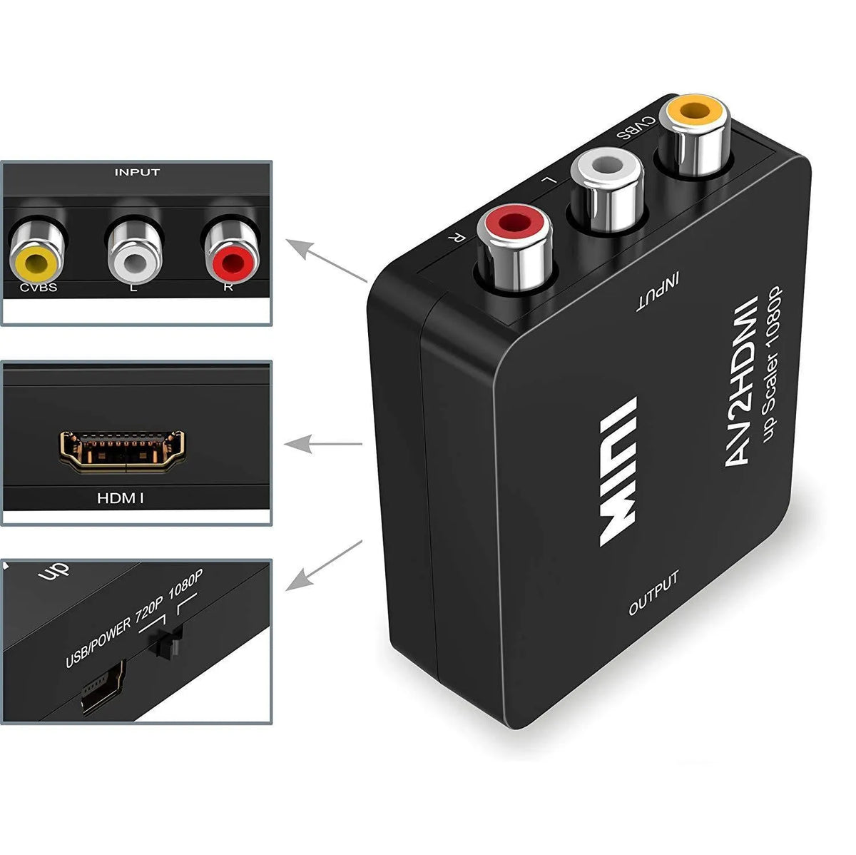 AV to HDMI converter with 0.5 metre cable in white or black colour converting analogue to digital video