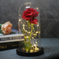 LED illuminated silk rose bouquet with glass cover in a gift box, showing warm white lights.