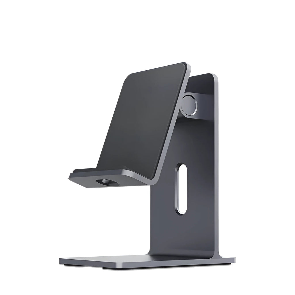Dark grey alloy lazy bracket desktop stand holding a mobile phone