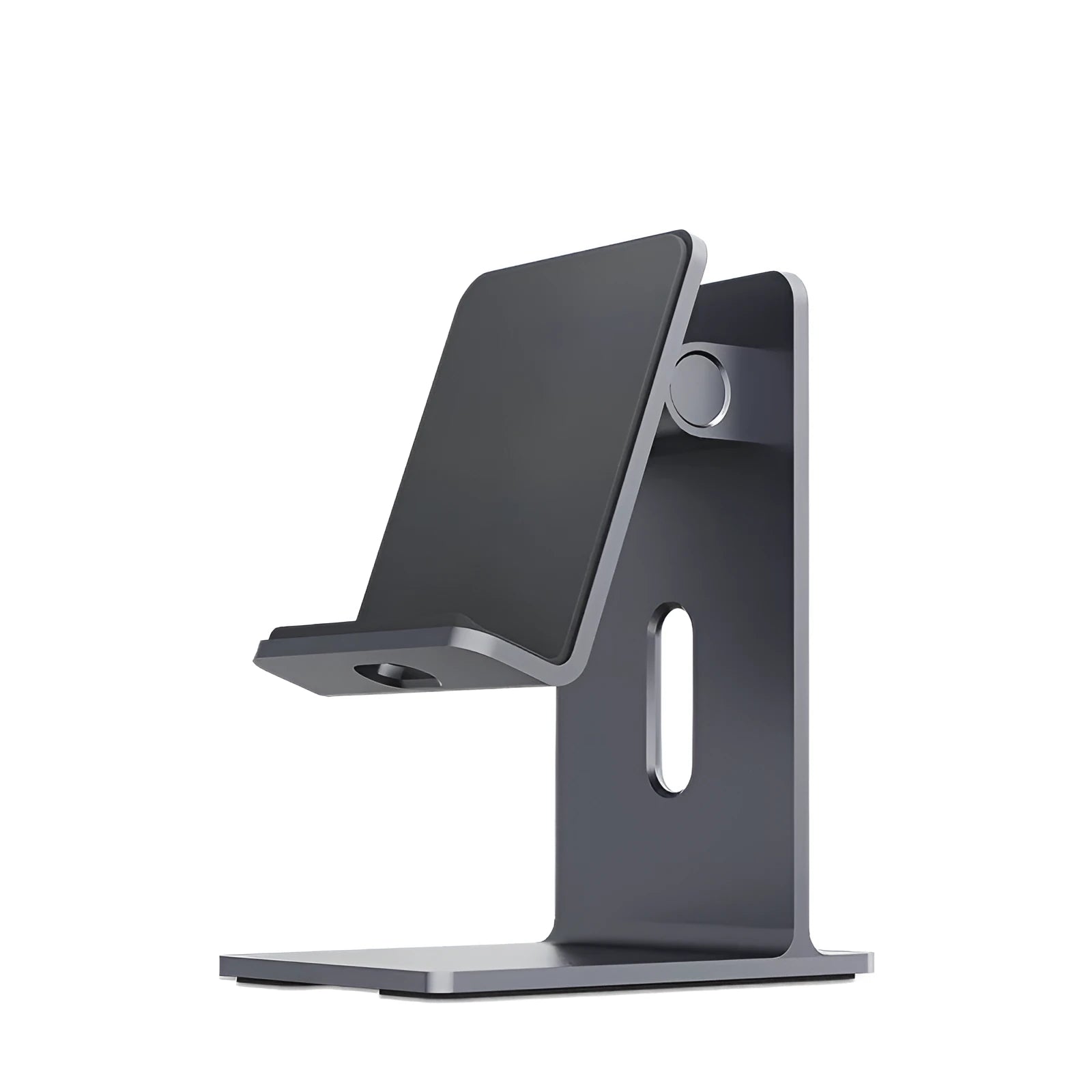 Dark grey alloy lazy bracket desktop stand holding a mobile phone