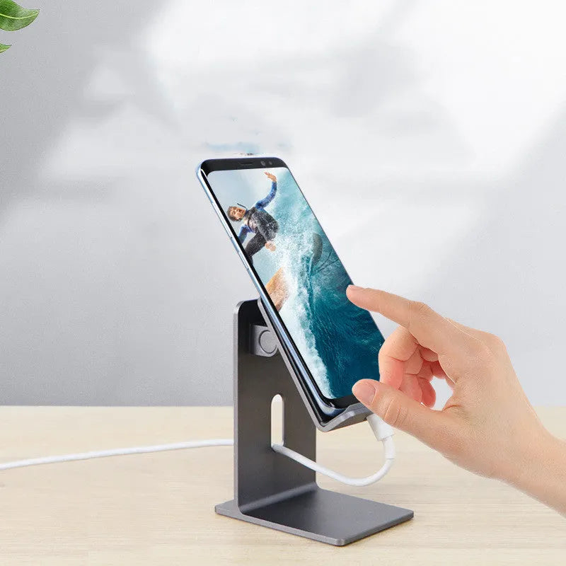 Dark grey alloy lazy bracket desktop stand holding a mobile phone