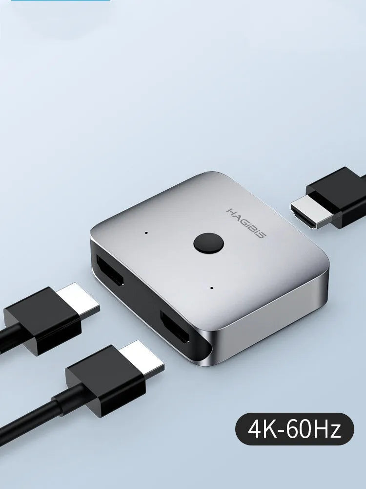 Grey HDMI 2 input 1 output switcher device for computer TV monitor video distribution