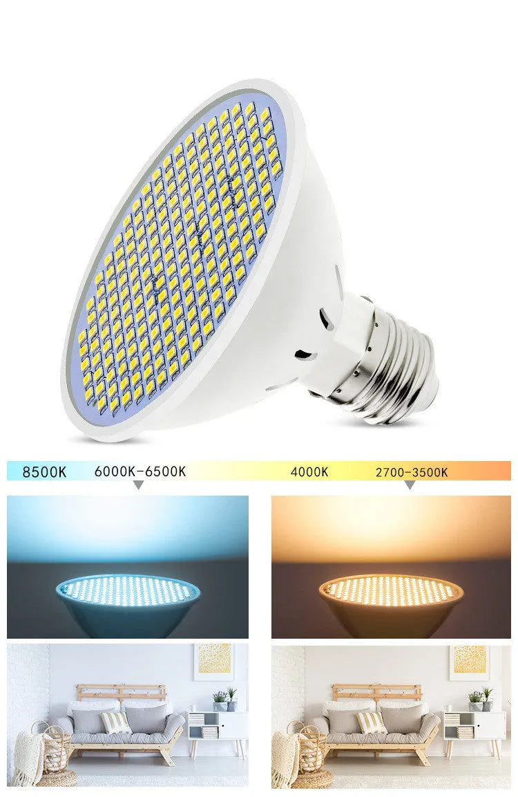 E27 LED lamp cup with PC housing showing 300 SMD beads for indoor lighting