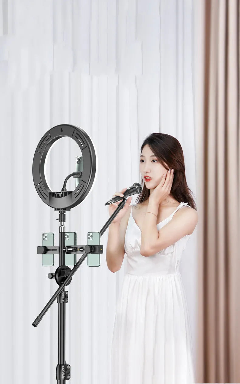 Carbon steel mobile phone tripod with ring light extended to standing height