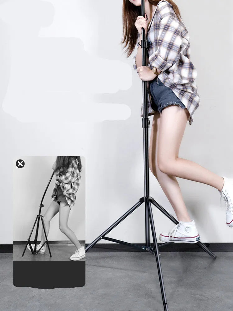Carbon steel mobile phone tripod with ring light extended to standing height