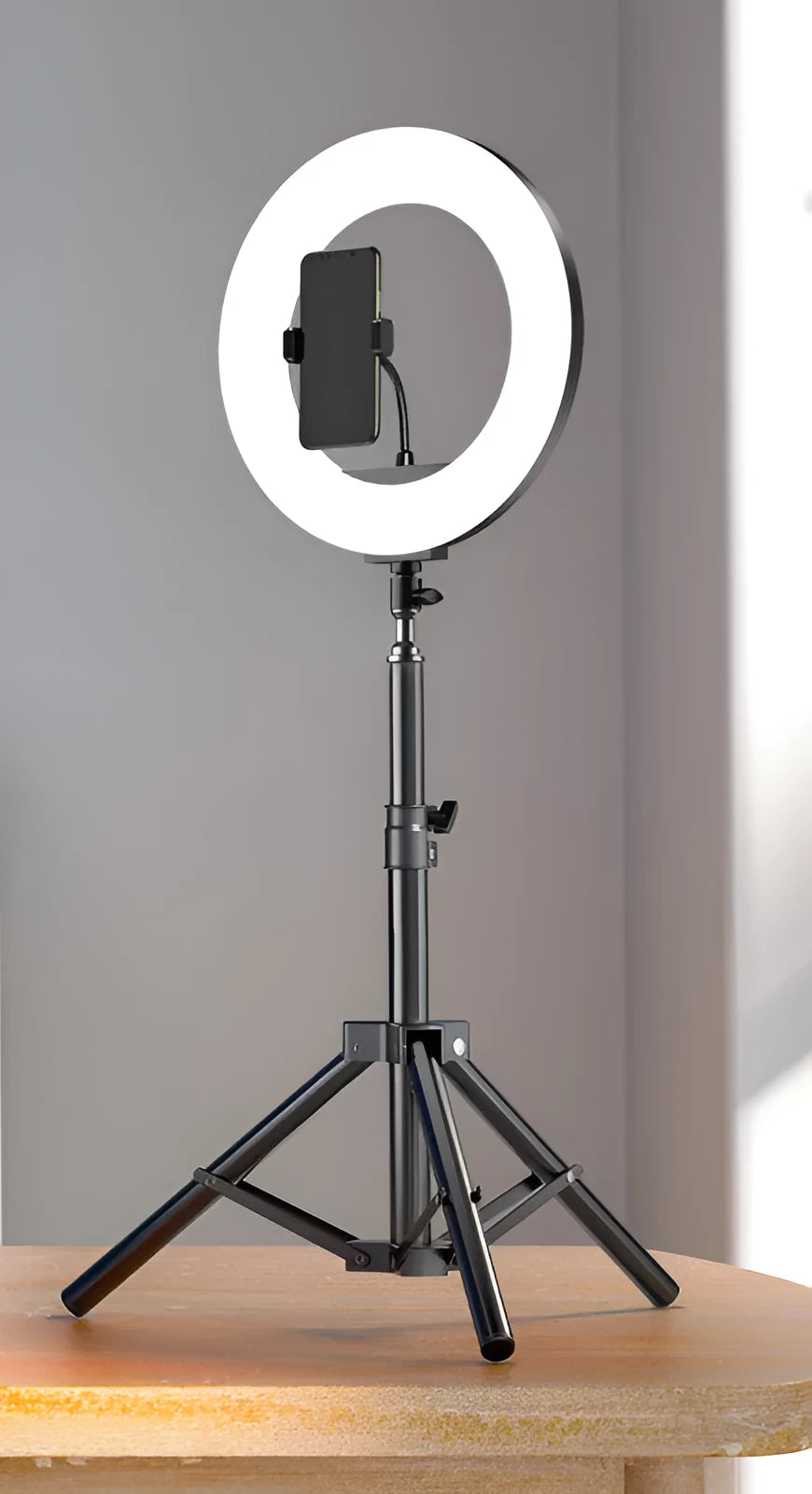 Carbon steel mobile phone tripod with ring light extended to standing height