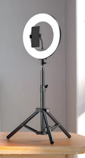 Carbon steel mobile phone tripod with ring light extended to standing height
