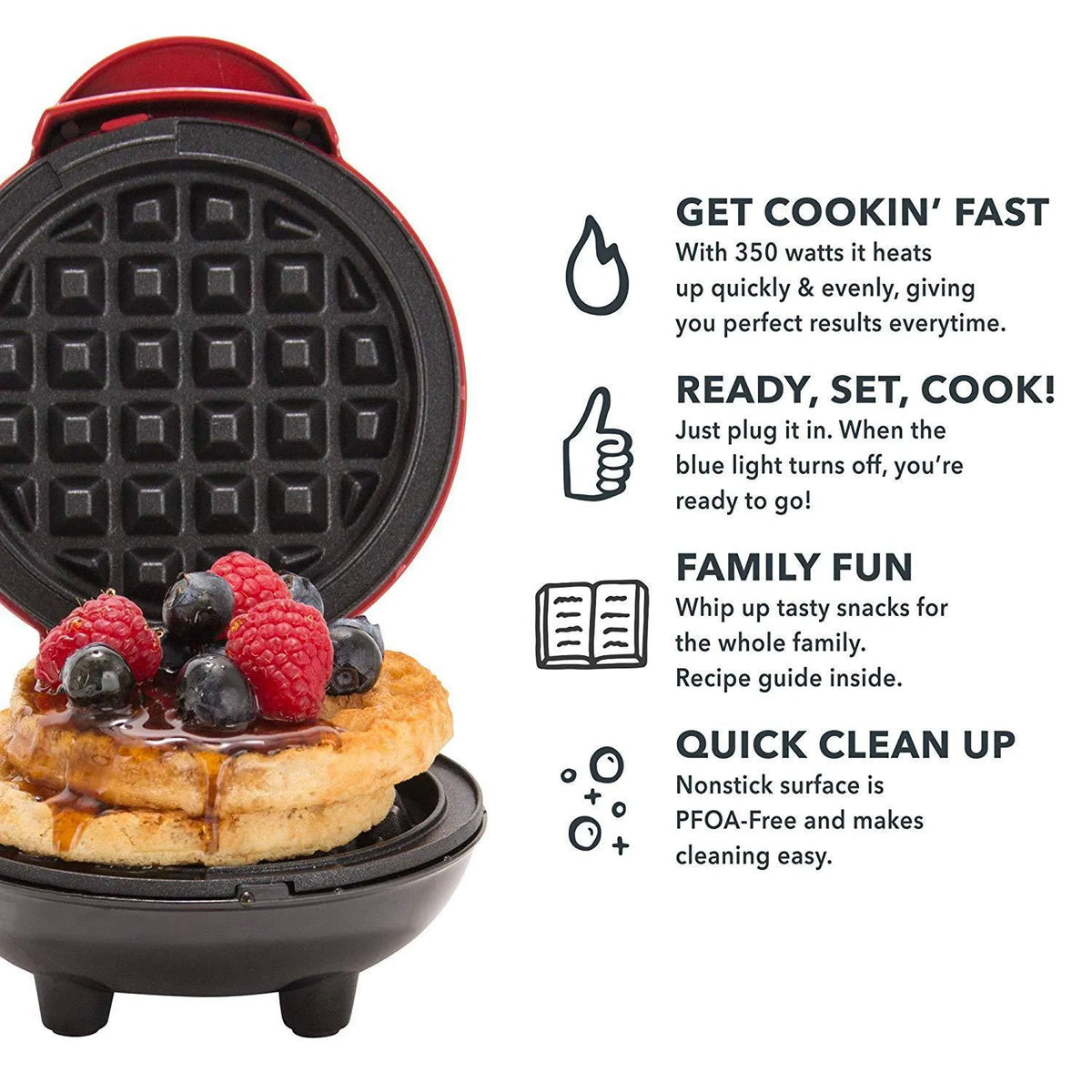 Red mini waffle maker, 350W, 16.5 x 8.5 x 12.5cm, with 75cm cable for household cake and waffle baking