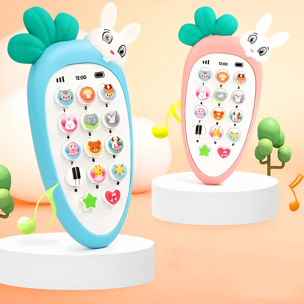 Pink electronic simulation mobile phone toy for babies on a white background.