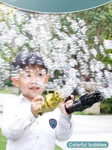 Plastic kids bubble gun toy in pink gold black or blue acting as a 2-in-1 blower and fan