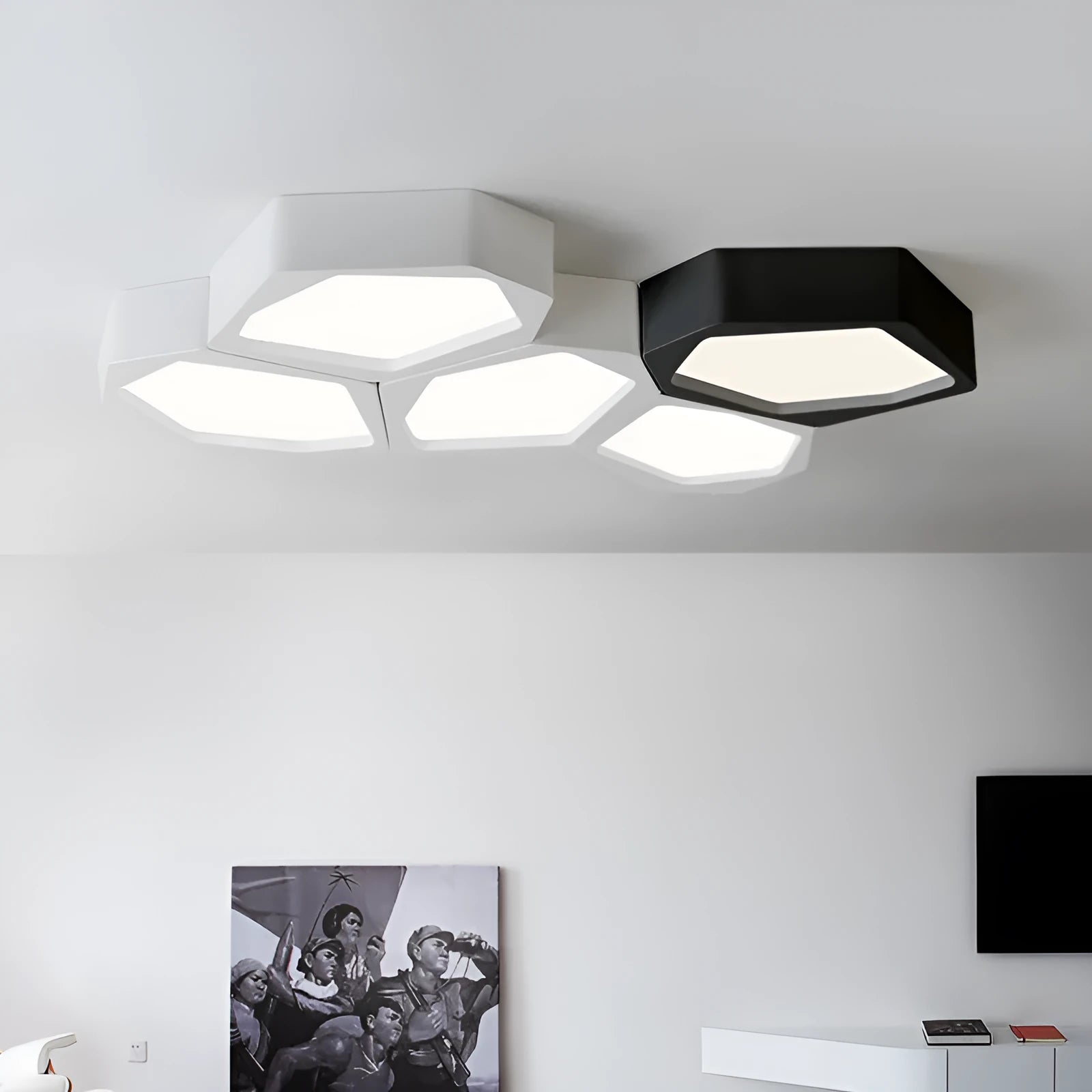 Geometric shaped iron frame LED wall light with remote control in black or white